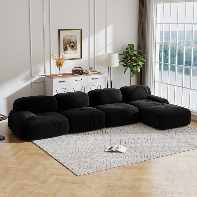 Compression Sofa, L Shape Sofa, Corduroy Fabric Sofa, For Living Room, Black Corduroy