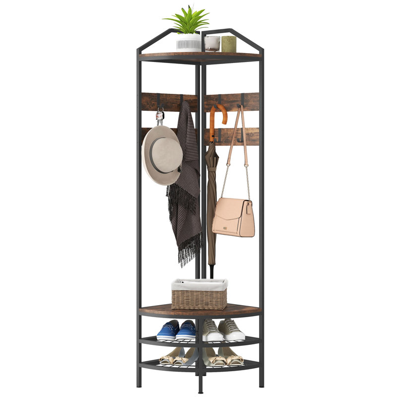 Coat Rack Corner Hall Tree, Industrial 4-Tier Coat Rack with Shoe Storage, 8 Movable Hooks and 2 Shelves