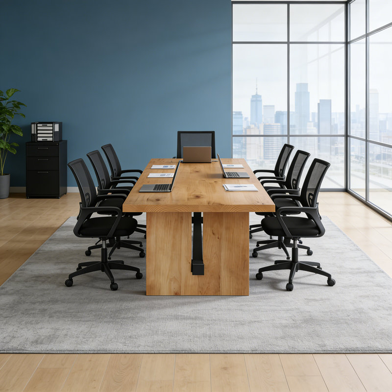 Ensemble de table de conférence en bois massif industriel moderne et 8 chaises de bureau ergonomiques