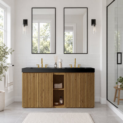 Meuble-lavabo sur pied de 152 cm (60 po) avec lavabo, robinetterie à 3 trous, grand espace de rangement, lavabo monobloc pour salle de bain moderne, sans bonde ni robinetterie.
