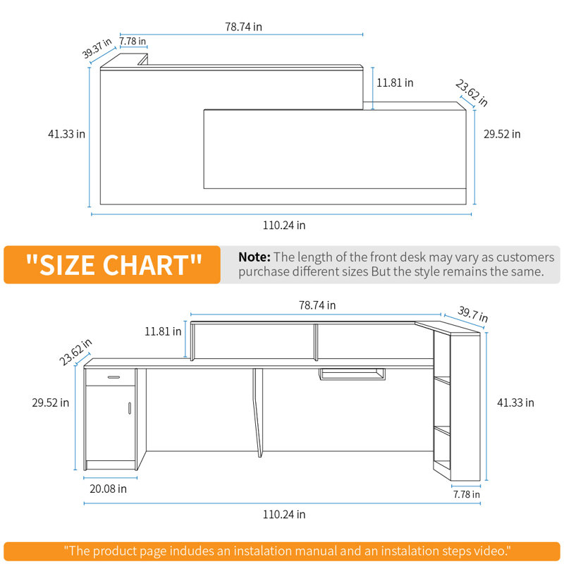 L-Shaped Reception Desk with Lockable Drawers, Computer Desk, and Storage Shelves/Front Desk, 41.33" H x 110.24" W x 39.37" D