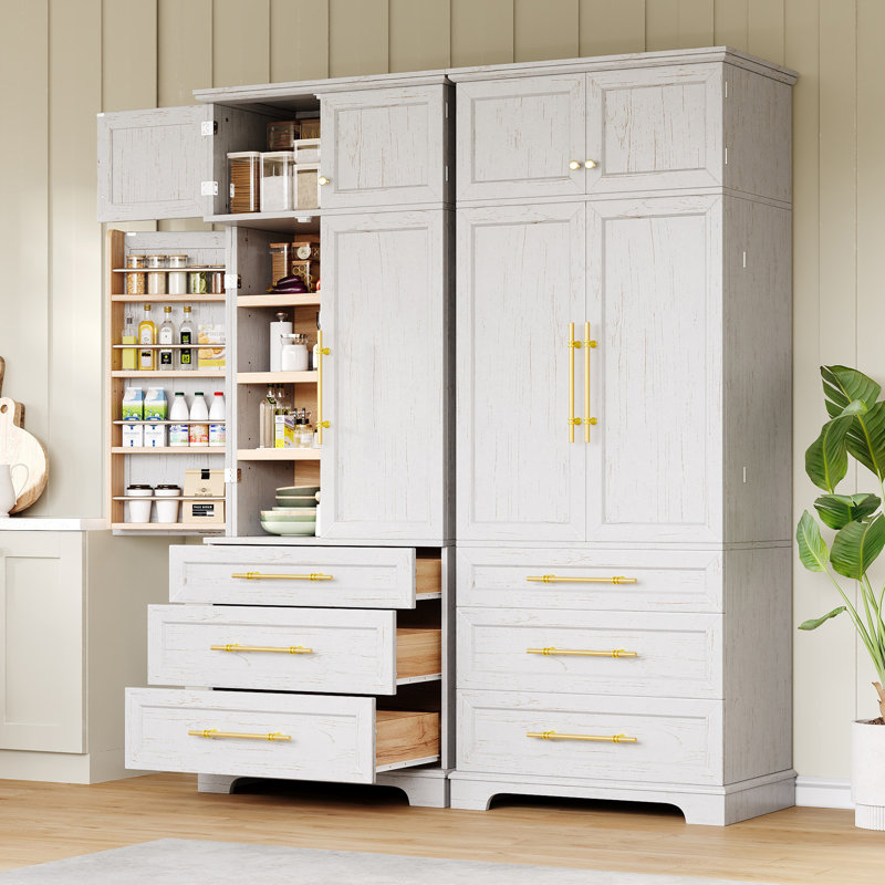 Élégant garde-manger de style campagnard avec 8 portes, 3 tablettes réglables et 3 grands tiroirs - Solution de rangement polyvalente pour la cuisine, la salle à manger et la salle de bain, blanc
