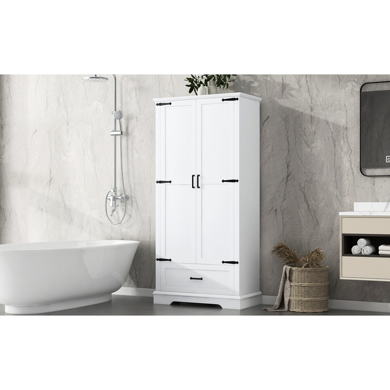Armoire de salle de bain haute - blanc, 2 portes, 1 tiroir, tablettes réglables, protection incluse, blanc avec planche de rangement, mécanisme de basculement