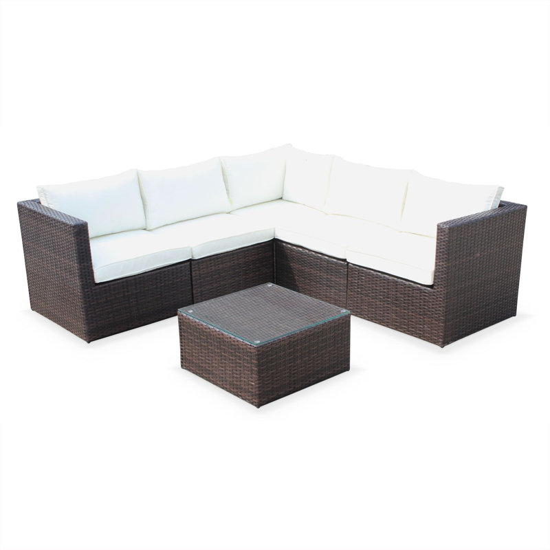 5-Seater Rattan Garden Furniture Sofa Set Table, Brown, Off-White