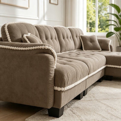 Canapé en chenille en L avec repose-pieds et 4 coussins, brun