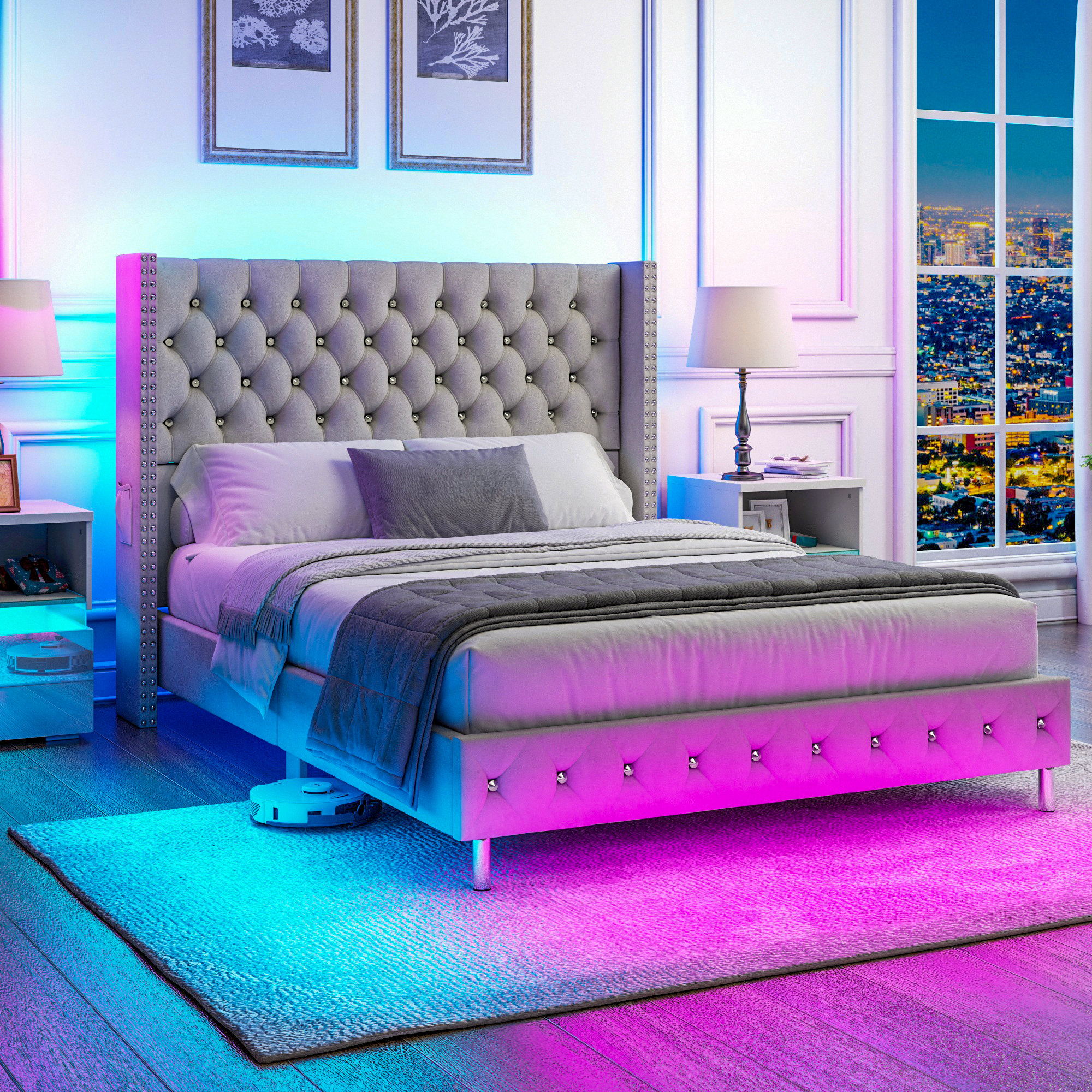 Jaquavion Queen White Upholstered LED Platform Bed