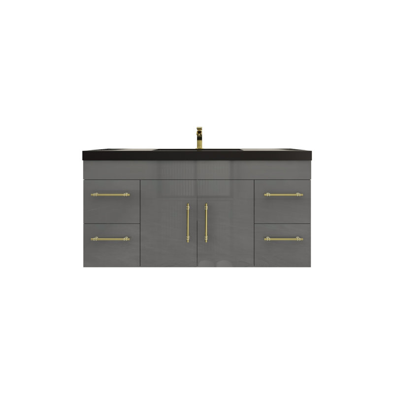 Ensemble de meuble-lavabo mural simple 48 po Campbell-Josh, Gris à haute brillance, Or mat
