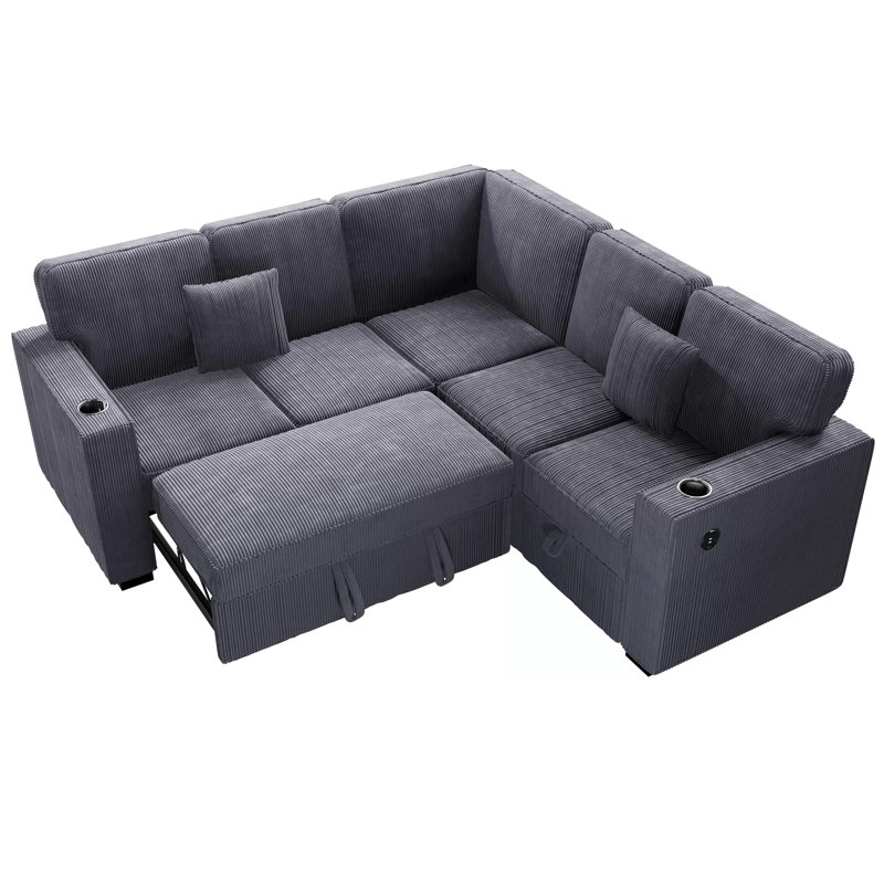 3-Piece Corduroy Upholstered L-Shaped Convertible Sectional With Built-In Cup Holders, Dark Gray Corduroy
