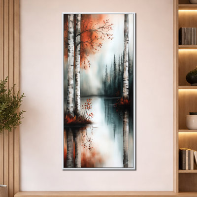 Orange White Copper Birch Lake II – Orange Tranquil Wall Art, Moody Canvas Print
