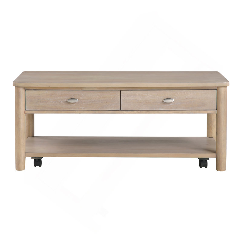 Table de centre de salon classique en bois naturel avec deux tiroirs et une tablette ouverte