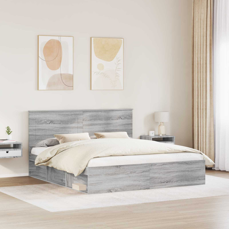 Solid Wood Bed, Super King (200 x 200 cm), Grey Sonoma