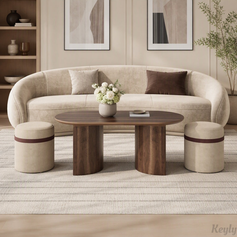 Ensemble de table basse ovale gain de place avec 2 poufs