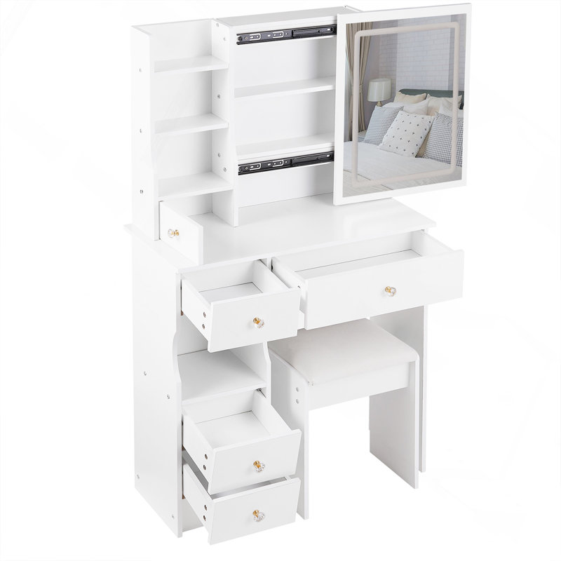 Petite coiffeuse 29,2 po avec tiroir à gauche et tabouret rembourré, Blanc