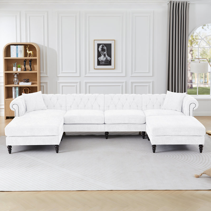 135.8" Wide Left Hand Facing Sofa & Chaise With Ottoman, White Linen