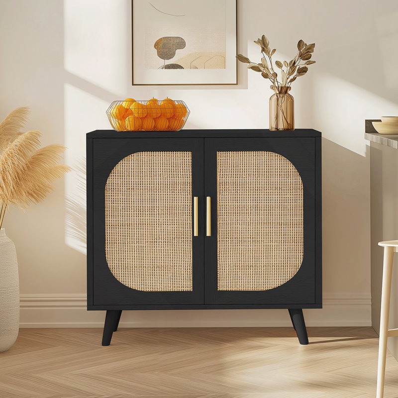 Buffet de ferme durable avec rangement cloisonné et portes en rotin pour une vie organisée, Noir / Beige