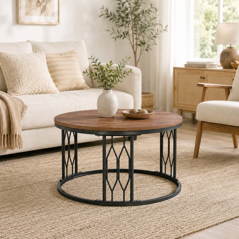 Minimalist Round Textured Surface Faux Stone Top with Geometric Metal Frame Coffee Table for Living Rooms and Lounge Areas
