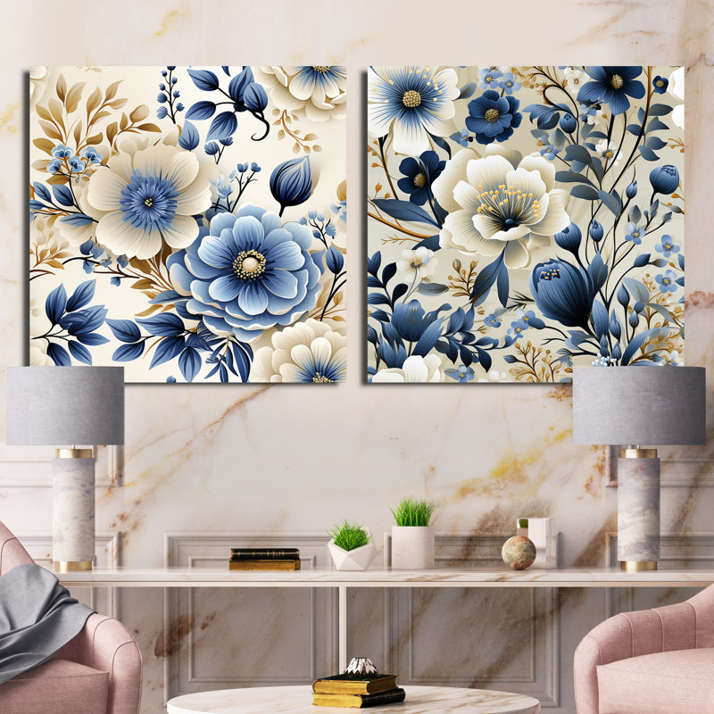 Chatsworth - Ensemble de 2 collages carrés floraux, H 16 po x l 33 po, Toile tendue