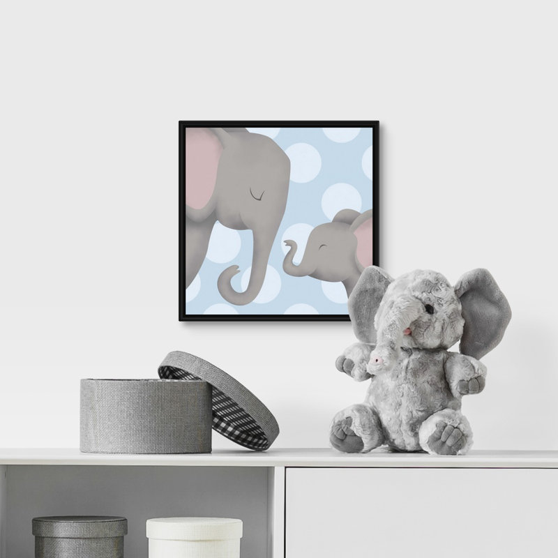 «Elephant Mommy and Baby on Blue», impression, H 12 po x l 12 po x P 1,75 po, Cadre pour toile flottant noir