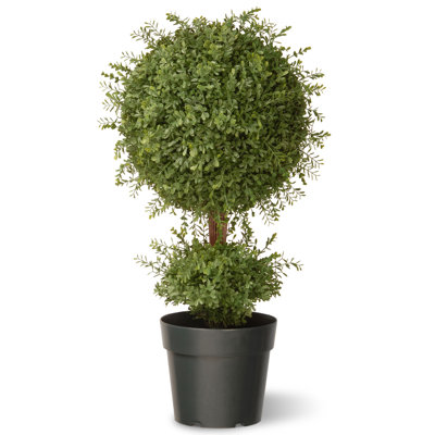 30-inch Mini Tea Leaf Single Ball Topiary, Realistic Fake Tree Potted Plant, Green Round Growers Pot