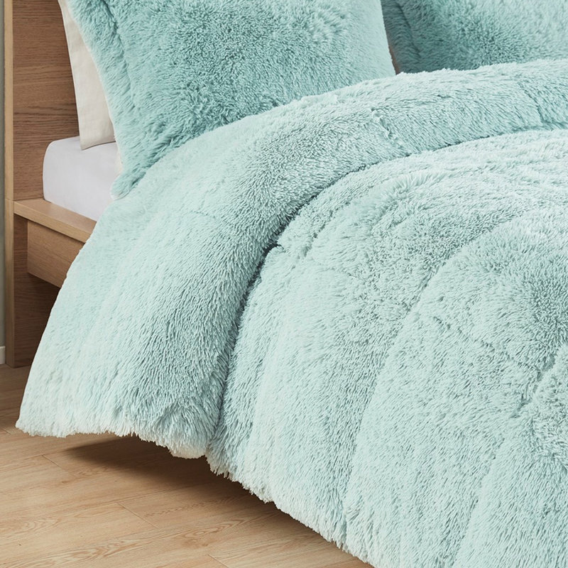 Édredon bleu très grand / très grand à poils longs - rembourrage moelleux l 104 po x l 90 po l 2 taies décoratives l 20 po x P 36 po + P 2 po