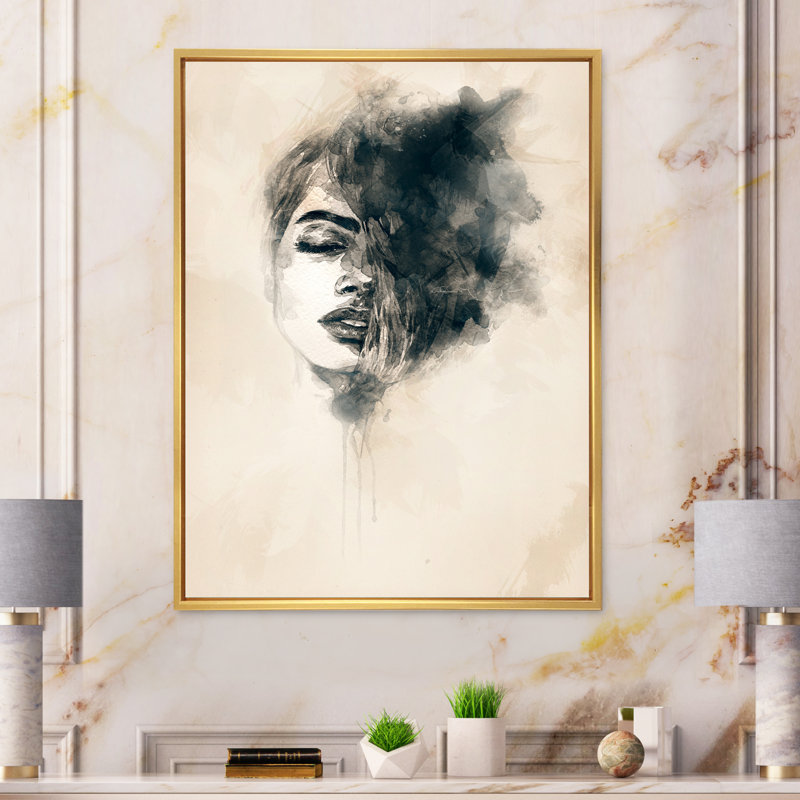 Portrait de femme liquide Modern Art - toile murale glamour, H 20 po x l 12 po x P 1 po, Cadre flottant doré