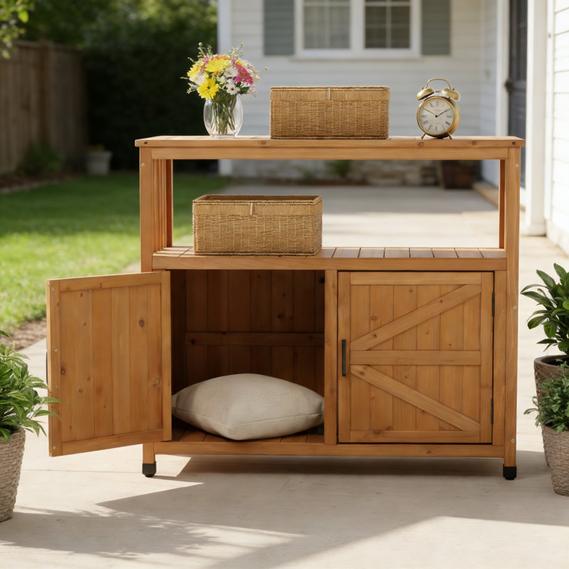 Wooden Patio Bar Table Set with Storage, Outdoor / Indoor Buffet Cabinet Sideboard, Light Brown