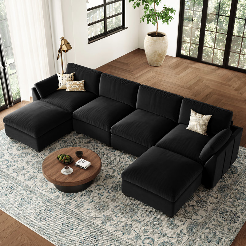 Velvet & Plush Wide Modular Sectional Sofa with Ottomans, L U Shaped Livingroom Sofa, Black Velvet