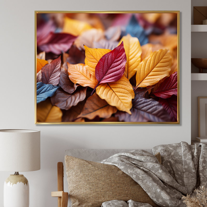 Orange orange, feuilles d'érable d'automne II - érable, art mural, Cadre flottant doré, H 30 po x l 40 po x P 1,5 po