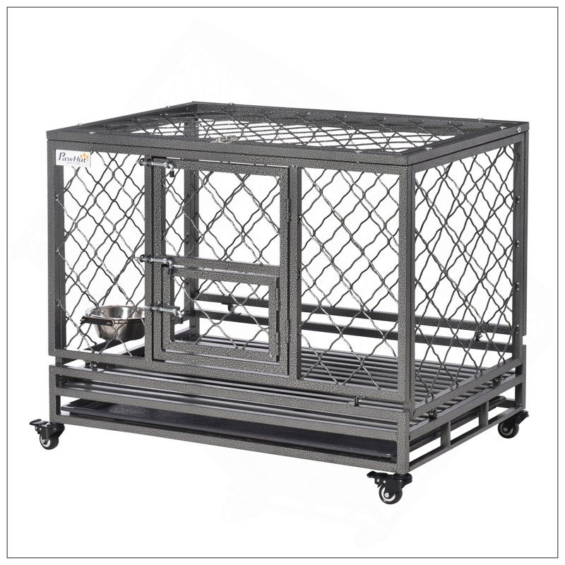 Chenil en métal robuste pour cage de chien avec roues verrouillables, plateau coulissant et portes doubles pour faciliter le déplacement et le nettoyage