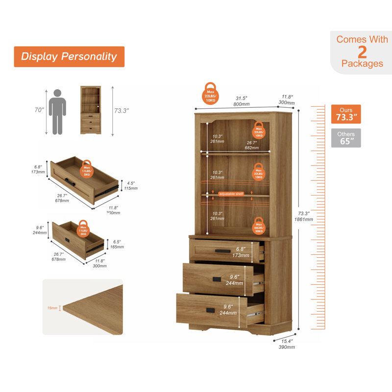 Laziza 3 Tier Bookcase With Drawer,73.3" Tall Floor Standing Bookshelf,Modern Farmhouse Display Storage Cabinet With Adjustable Shelves,