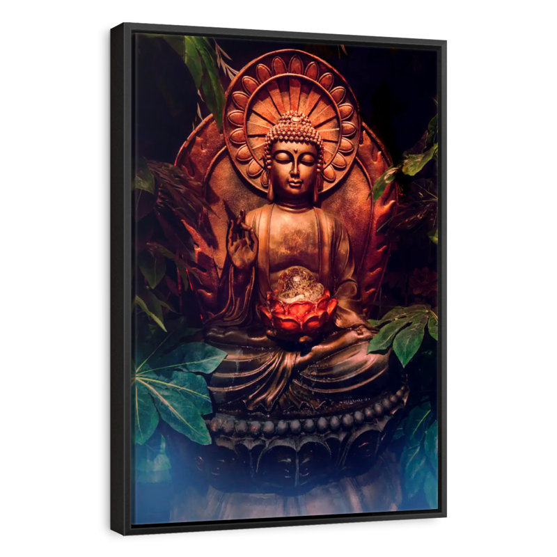 Statue de Bouddha ornée, Cadre flottant noir, 27 po x 40 po
