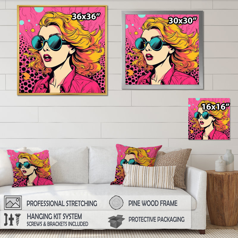 1950s Pop Art, portrait de femme rose I - impressions sur toile de célébrités, Cadre flottant doré