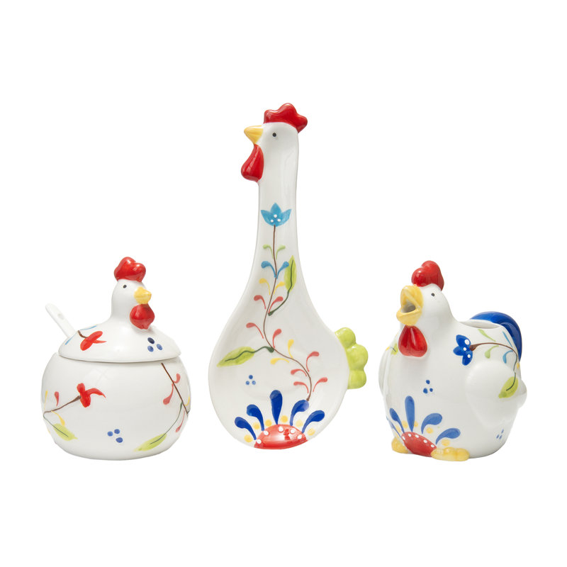  Ensemble de cuisine en céramique 3 pièces - Porte-cuillère coq, sucrier et pot à crème