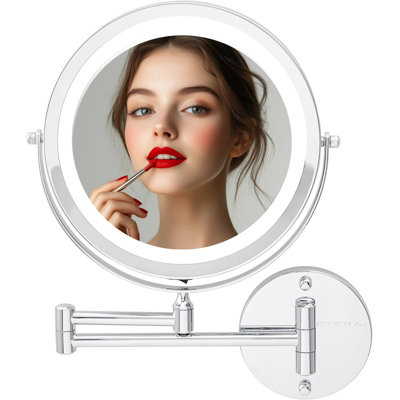 Miroir de maquillage mural lumineux, miroir de meuble-lavabo double face 1 x / 10X 9 po pour salle de bain avec lumières DEL, sans fil, rotation à 360 ° et bras extensible de 13 po, chrome poli