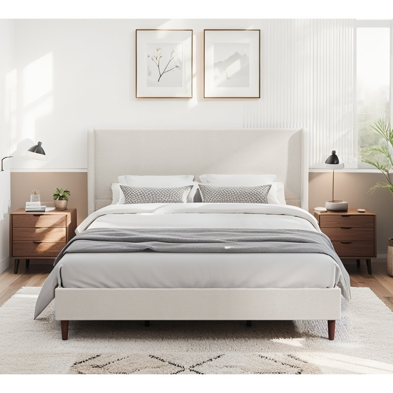 King Size High Headboard Upholstered Bed - Beige Chenille Cloth, 12-Slat Support, No Box Spring Needed​, King