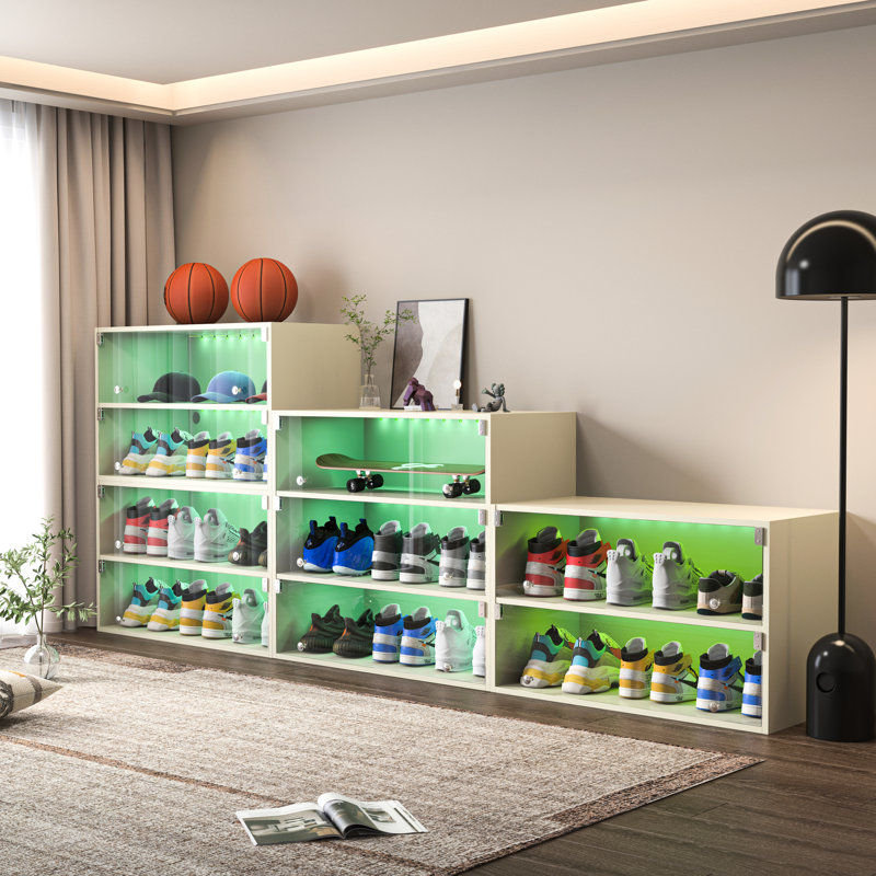 Boîte de rangement pour chaussures à 3 lumières avec portes en verre et bois, pouvant accueillir jusqu'à 9 espadrilles, empilable