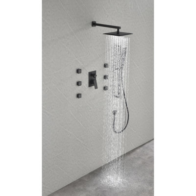 Wall Mounted Shower Kit With 6 Body Sprays And Hand In Matte Black System Spray Nozzles Handheld Shower,
