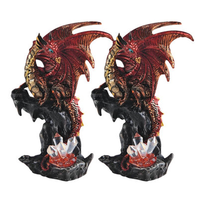 "2-PC Set" ICE ARMOR 6"H Medieval Red Volcano Dragon Guarding Faux Crystal Gemstone Figurine Figurine Statue Ornament Home/Room Decor and Perfect Gift Ideas for House Warming, Holidays and Birthdays Great Collectible Addition