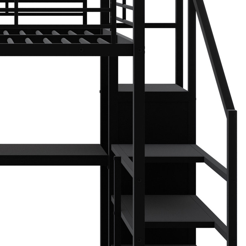 Lit mezzanine en métal avec bureau, escalier de rangement, petite armoire et lumière DEL