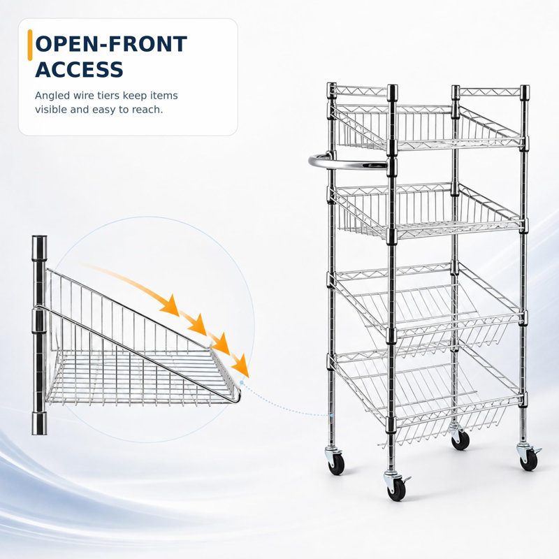 Rayonnage réglable à 4 niveaux avec 4 paniers chromés, capacité de 300 lb, roues verrouillables pour le rangement de la cuisine