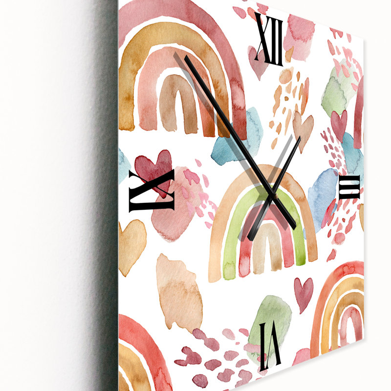 Multicolore arc-en-ciel avec nuages et cœurs - horloge murale pour enfants, Grand