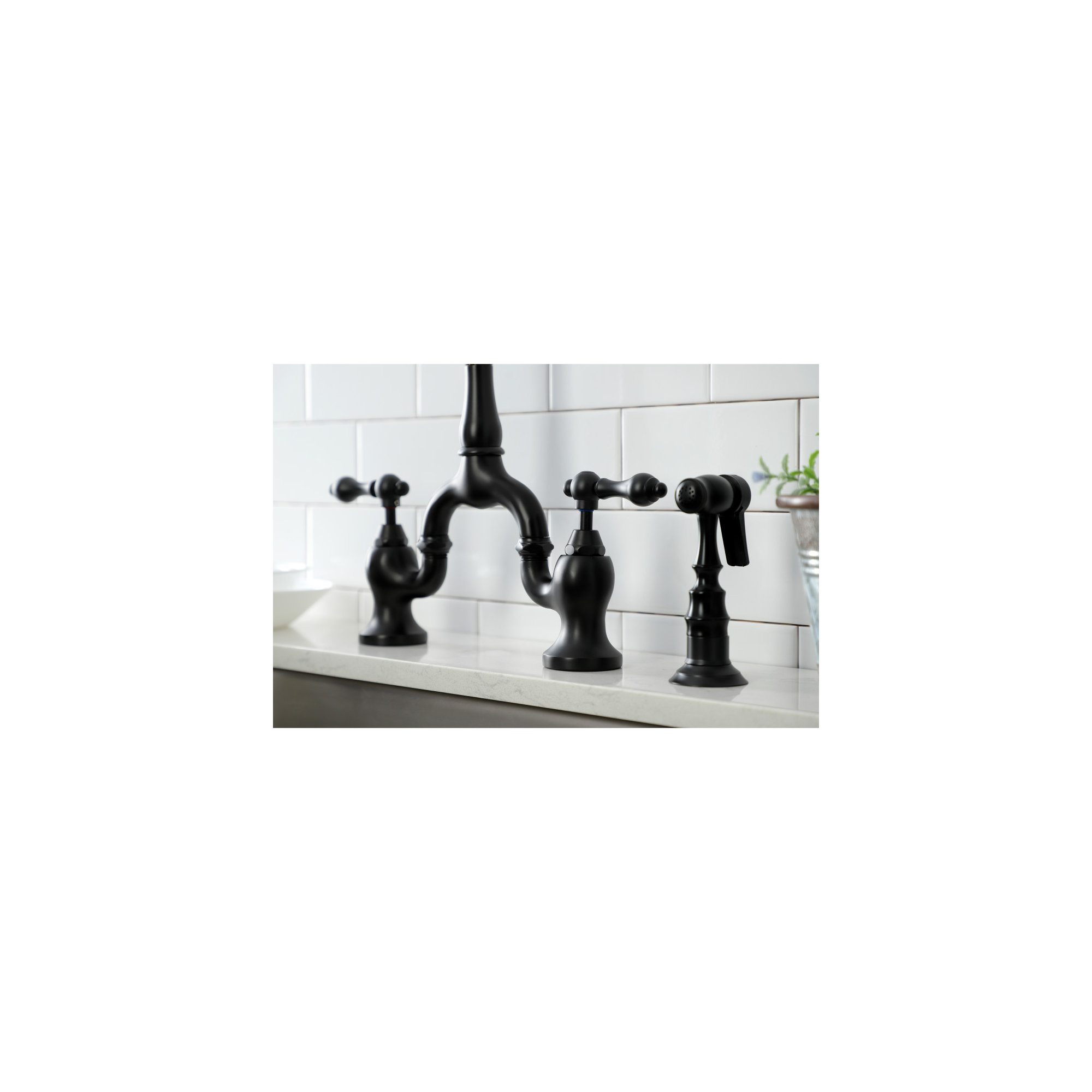 Kingston Brass English Country Two-Handle 3-Hole Deck Mount Bridge Kitchen Faucet with Brass Side Sprayer, Matte Black