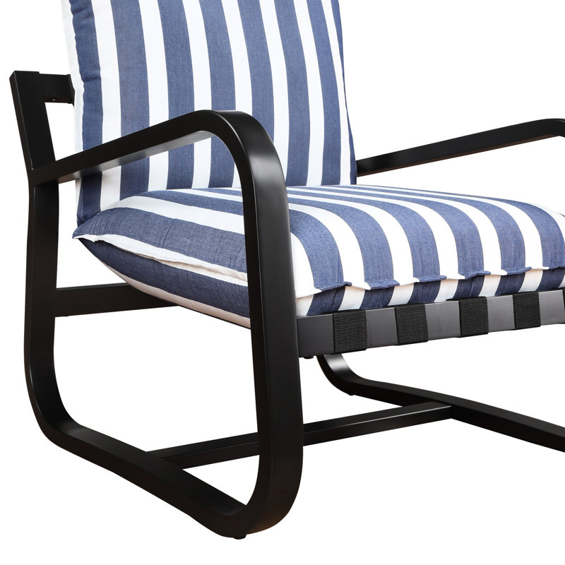 Fauteuil à rayures rayé bleu marine et blanc, fabrication en métal robuste, coussins réversibles détachables pour une chaise à rayures - cadre agréable
