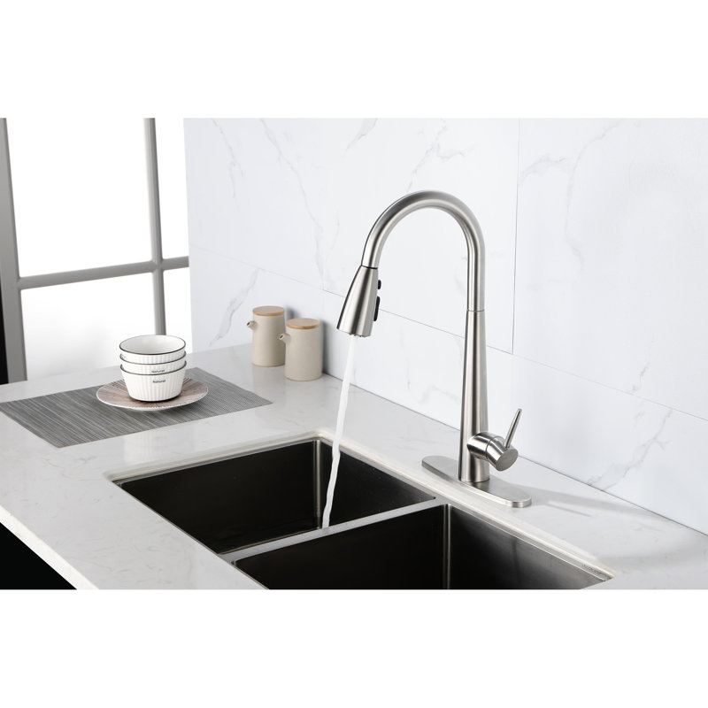 Pull Down Kitchen Faucet Brushed Nickel - High Arc Single Handle, Stainless Steel, Deck Plate, Elegant Style Sink With Spray Modern Touch