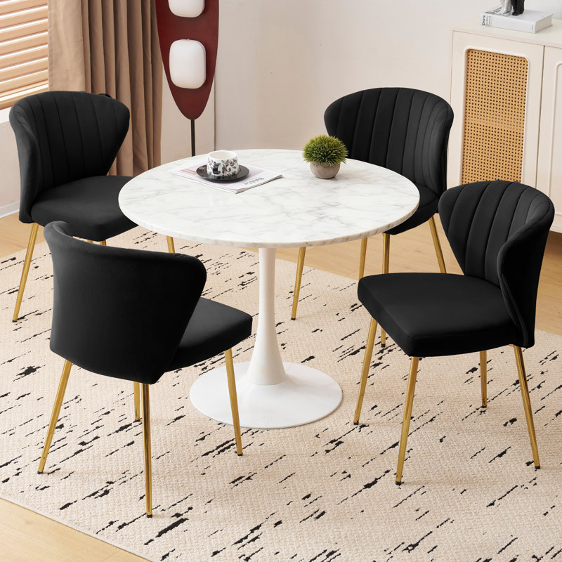 Chaise d'appoint 4 pièces à oreilles en velours capitonné noir moderne avec pieds en métal, Noir