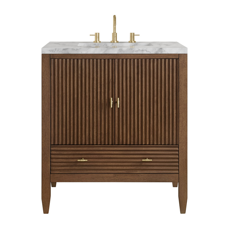 Myrrin 30" W Single Vanity, Carrara Marble, Mid-Century Walnut, 8" Widespread