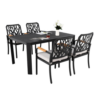 Outdoor Aluminum Patio 5Pc Dining , 4 Chairs With Ergonomic Support, Fabric Cushions Straps, Table Post - Leg Design And 45 Edges 5 Piece Modern Smooth , Fade Cushions, Angled