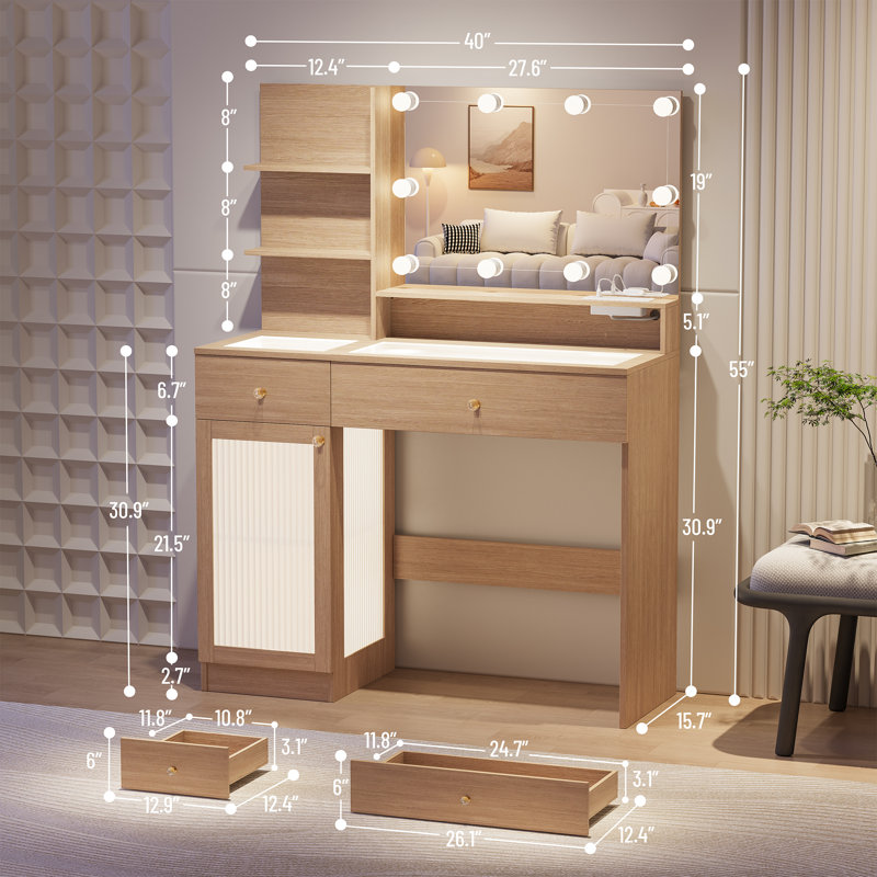 40" Modern Makeup Vanity Desk with LED Mirror, Glass Top, Storage Drawer & Glass Cabinet, 3 Light Modes, Power Outlet - Perfect for Bedroom