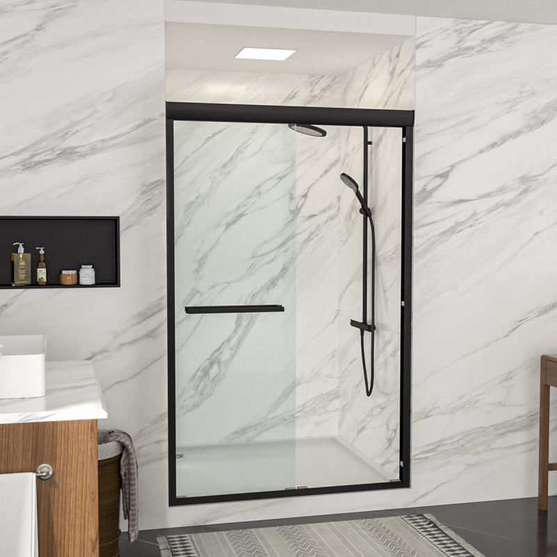 48 - 48 1/3" W x 76" H Frameless Double Sliding Shower Door Bathroom 1/4 inch Tempered Glass Shower Door, Matte Black