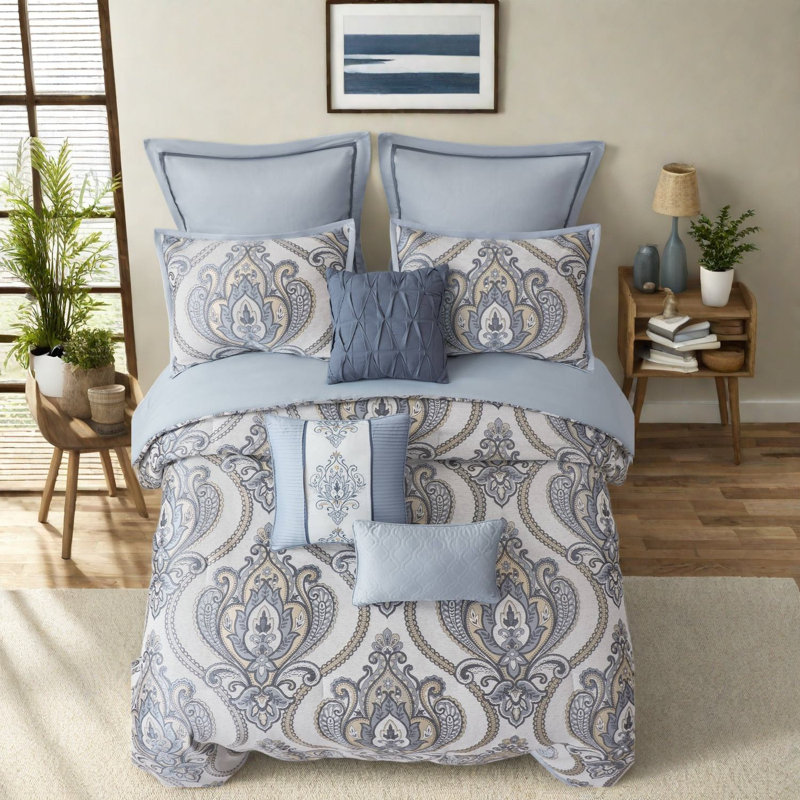 Piece Full Queen Bedding Sets, Blue Jacquard Polyester Bedroom Set